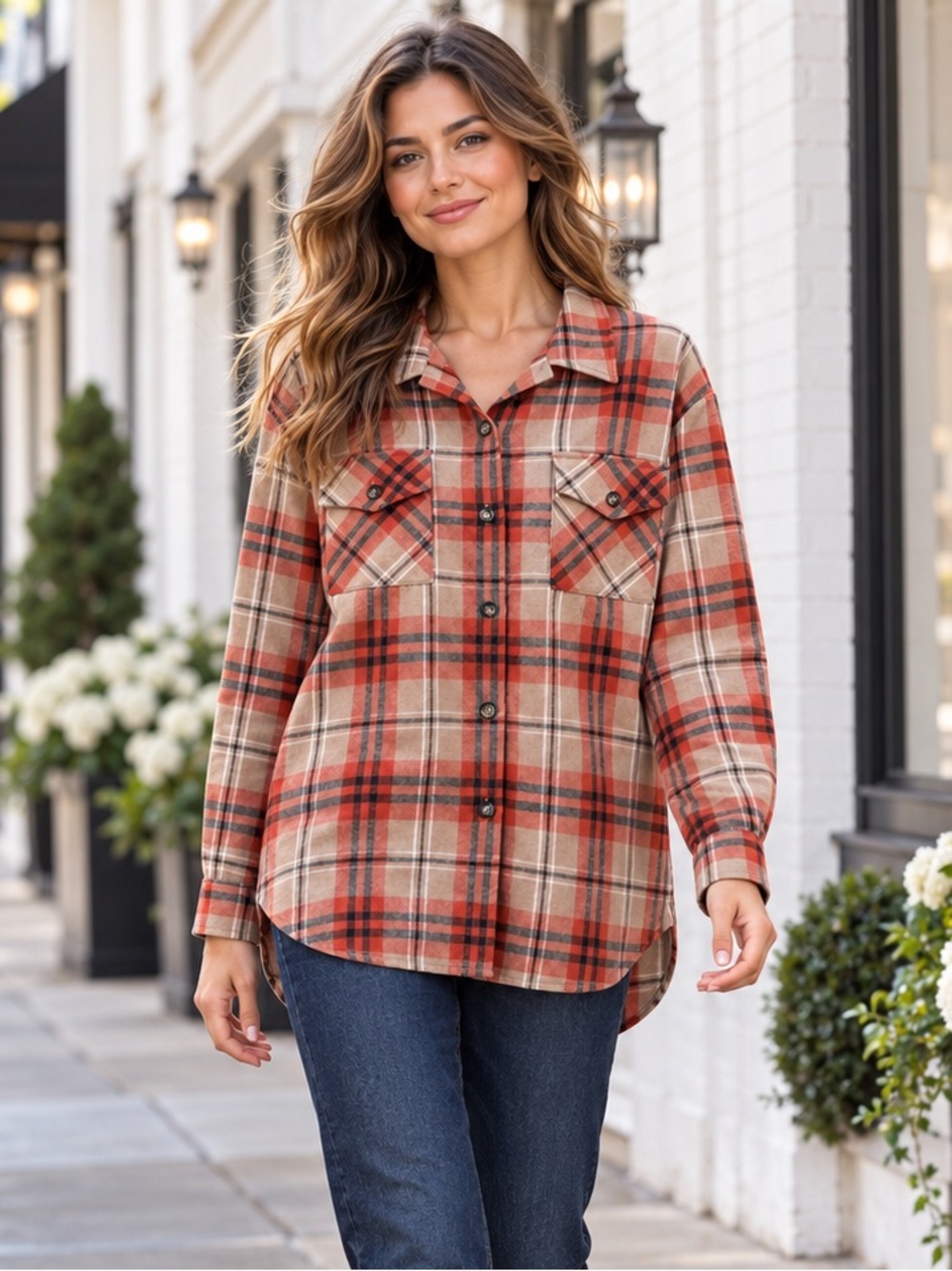 NEW blue b Orange Black Brown Tan Lightweight Plaid Button Up Relaxed Fit Shirt